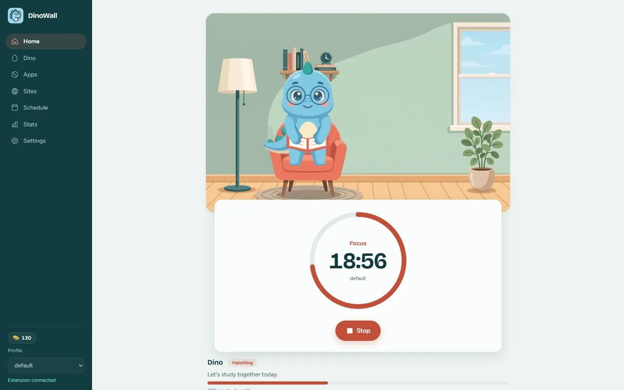 The DinoWall app: Dino reading in an armchair next to a focus timer with 18 minutes left