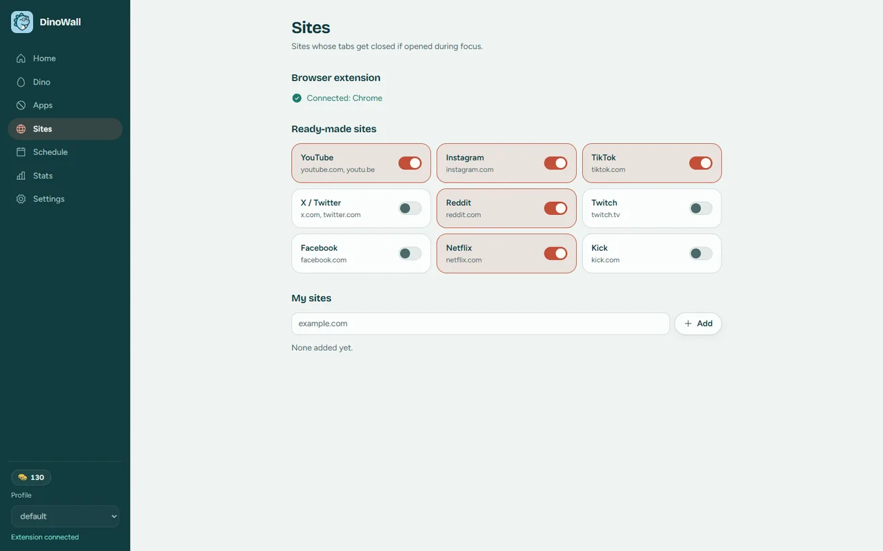 Sites screen: YouTube, Instagram, TikTok, Reddit and Netflix on the block list