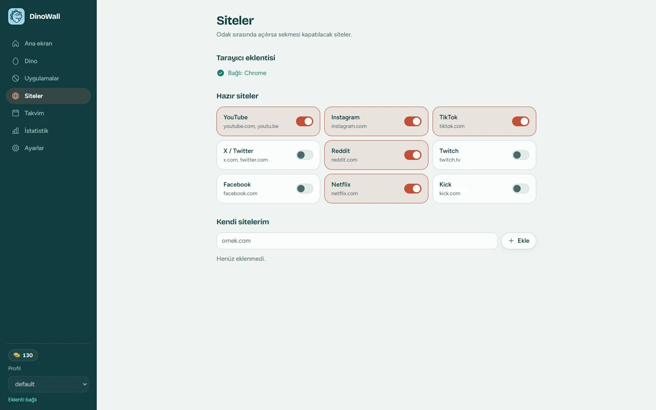 Siteler ekranı: YouTube, Instagram, TikTok, Reddit ve Netflix engel listesinde