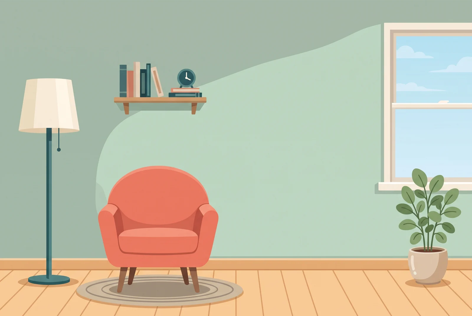 Dino's room: an armchair, a floor lamp, a bookshelf and a window